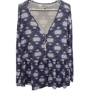 Simply Southern Women's Knit Henley Top Long Sleeve Blue White Aztec Size L NWT